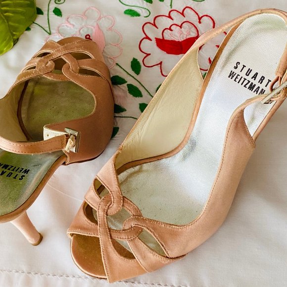 Pink Silk Stuart Weitzman Open Toe Slingback Heels - Picture 15 of 16